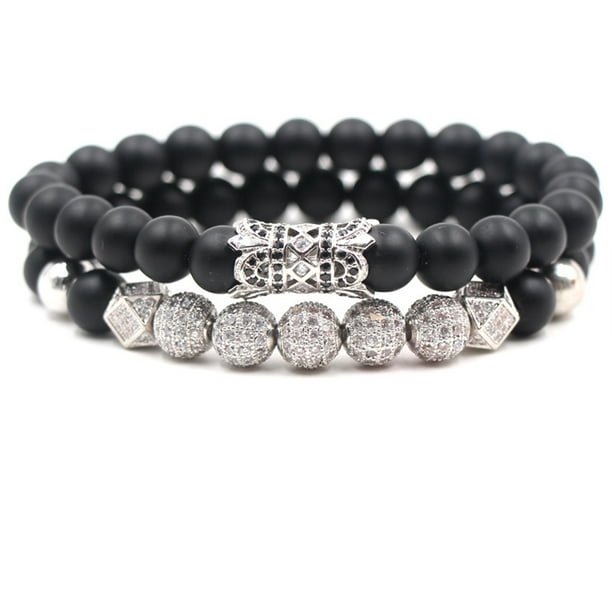 Luxury Men Wristband Fashion Bracelet Micro Pave CZ Ball Crown Matte Agate Beads